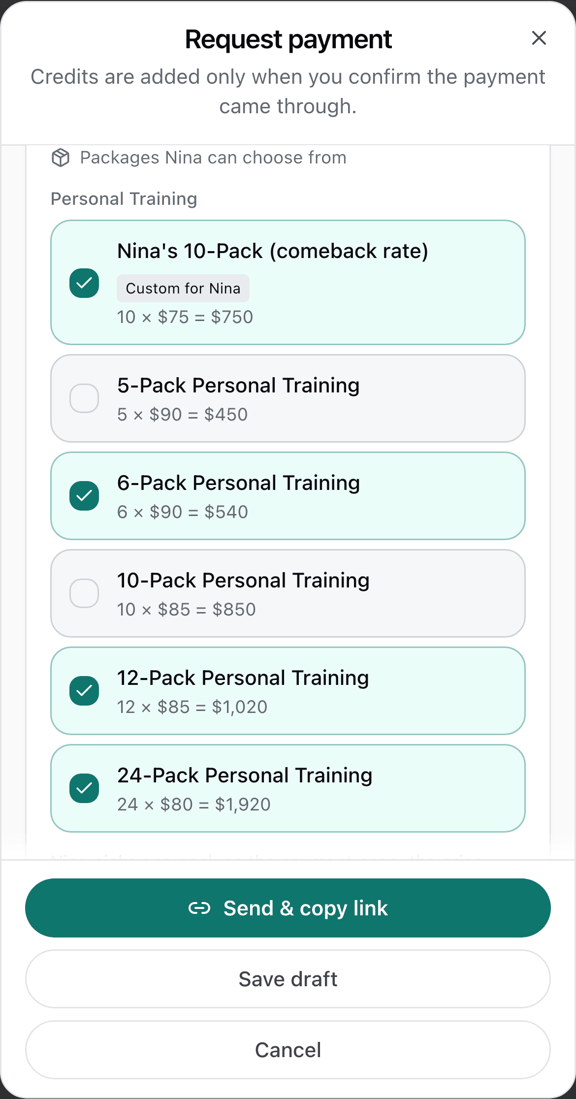 The Packages Nina can choose from list, with a pack named Nina's 10-Pack (comeback rate) at the top carrying a Custom for Nina badge, then the 5, 6, 10, 12 and 24 session packs, with the 6, 12 and 24 packs ticked.