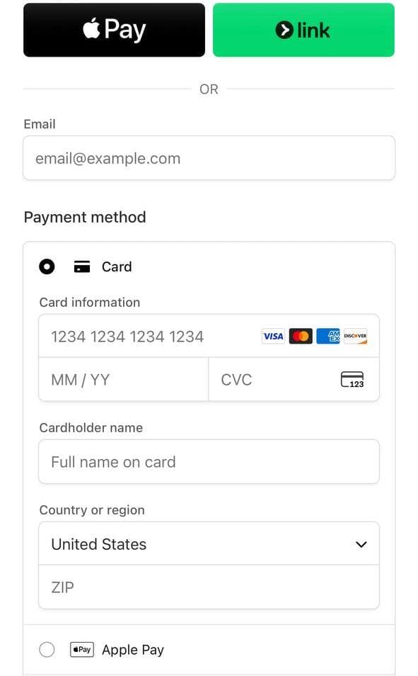 Stripe's checkout page, with an Apple Pay button and a Link button above an email field, then card number, expiry, CVC, cardholder name, country and ZIP fields, and Apple Pay listed again as a payment method.