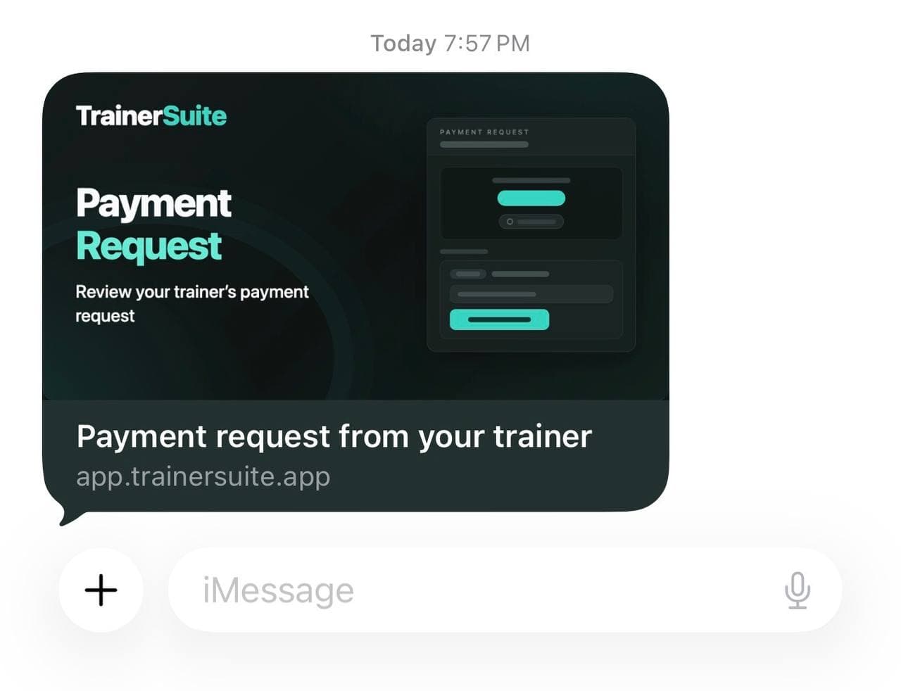 A payment link pasted into a text message, showing as a card titled Payment request from your trainer with no amount and no name in the preview.