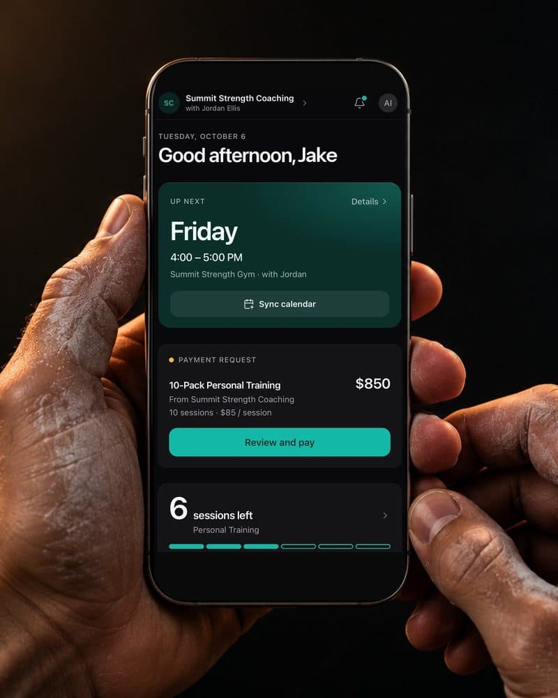 Hands holding a phone with the TrainerSuite client app open: the next session on Friday, a payment request and 6 sessions left.