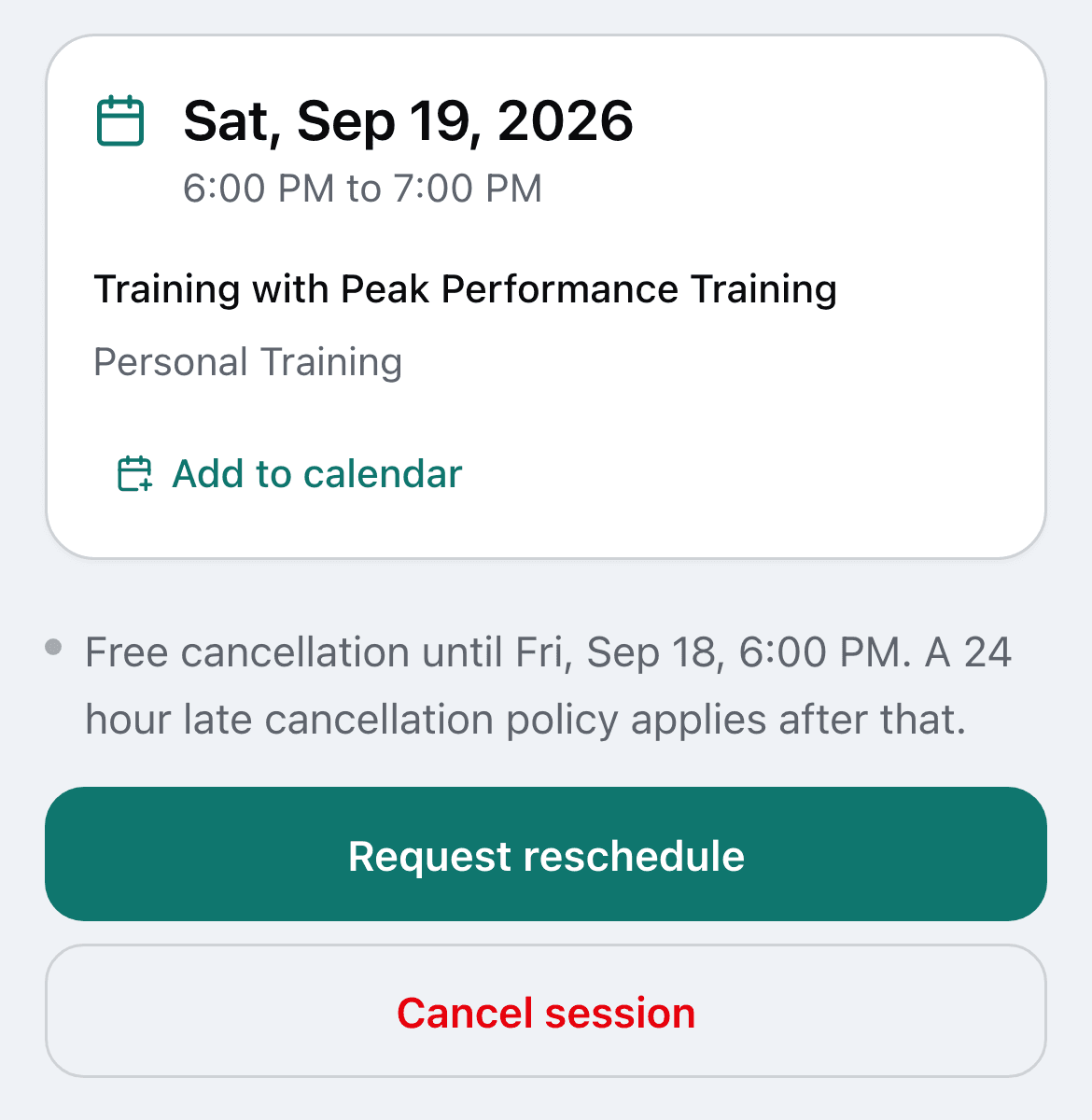 A client's upcoming session, with a line saying free cancellation runs until the evening before, above a Request reschedule button and a Cancel session button.