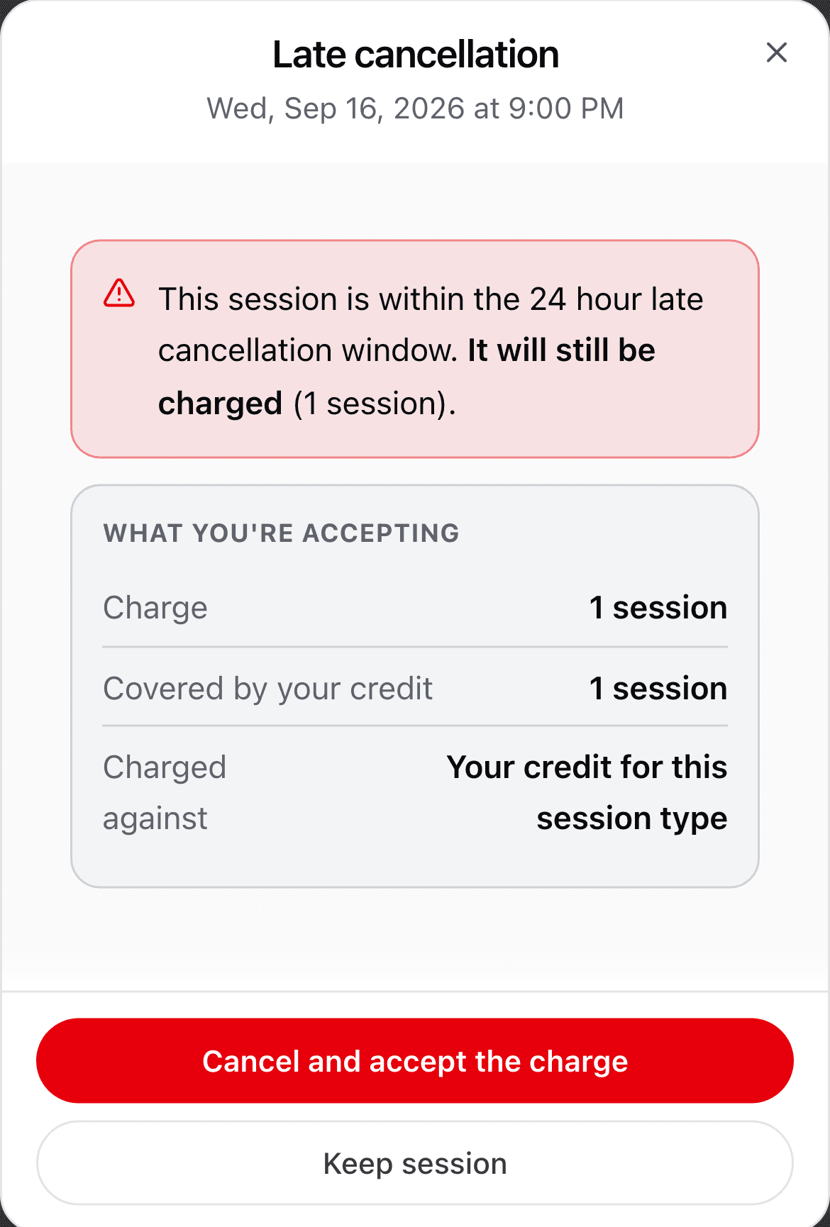 The late cancellation dialog, naming the 24 hour window, a charge of one session, and the credit it comes from, above a Cancel and accept the charge button.