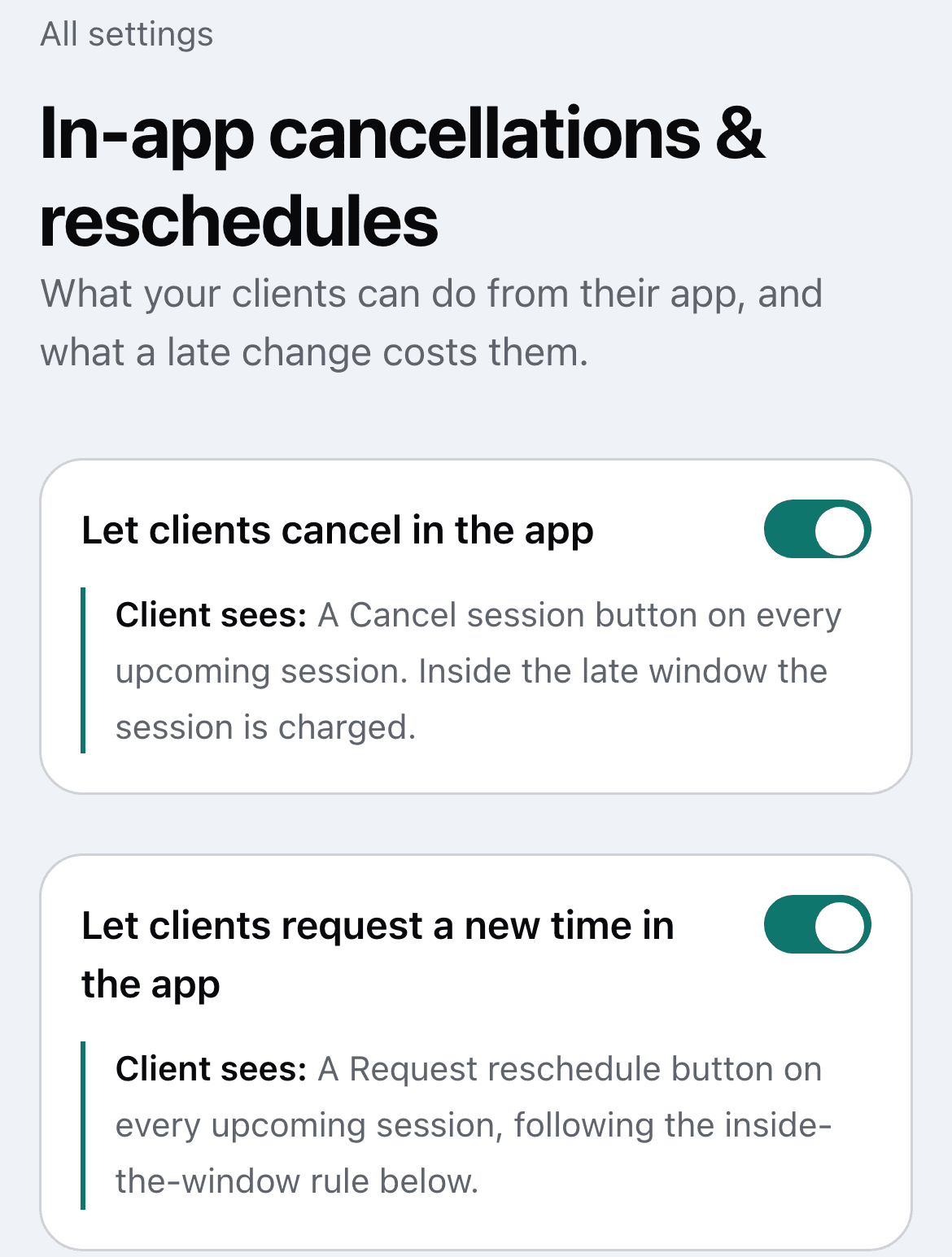 The In-app cancellations and reschedules settings page, with the Let clients cancel in the app and Let clients request a new time in the app switches both on.