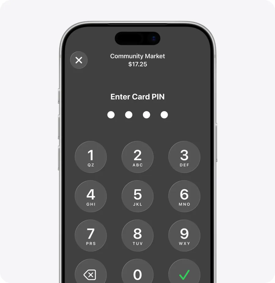 An iPhone showing the Enter Card PIN keypad.